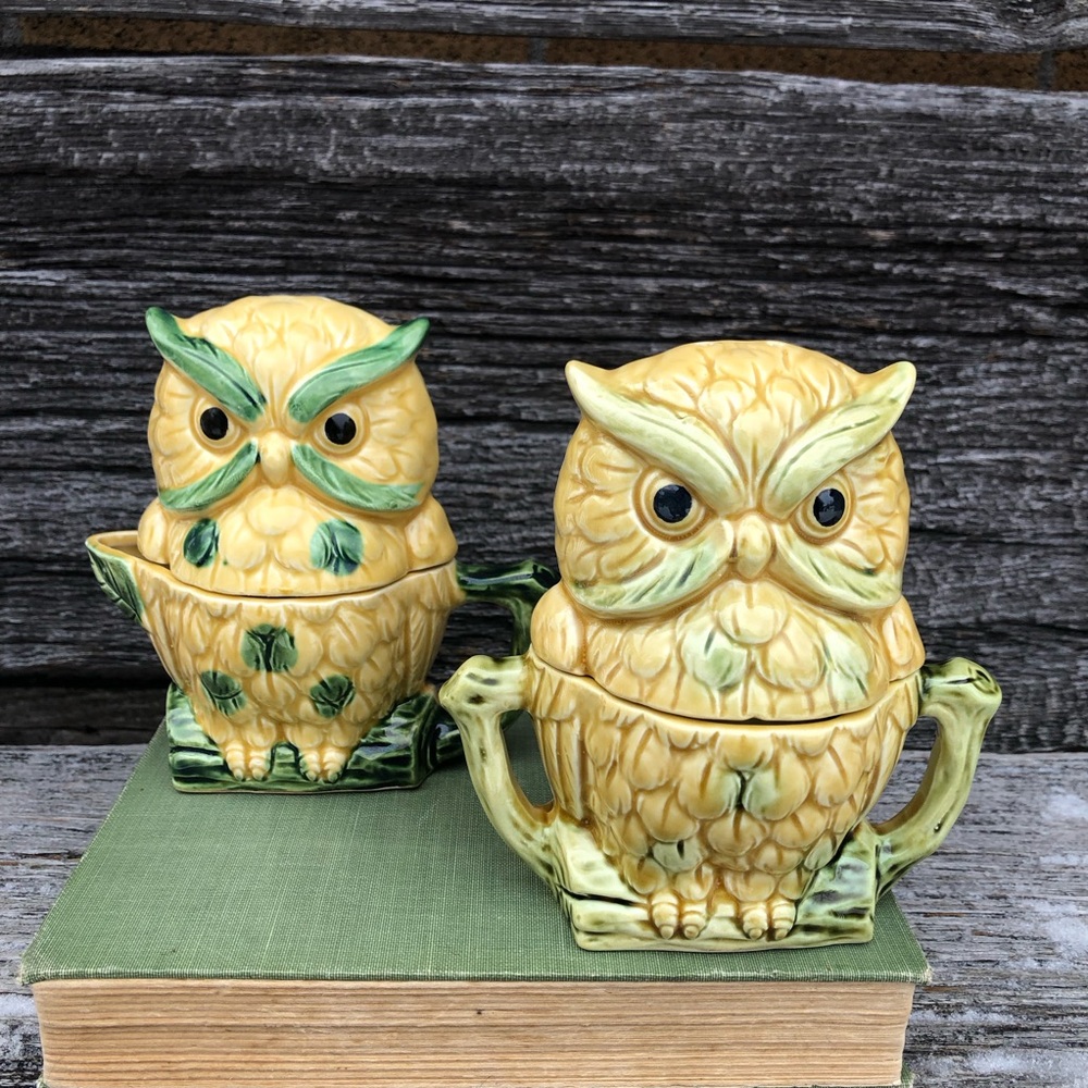 Vintage Owl Salt and Pepper shakers with Cream and Sugar Bowl Vtg Japan kitschy💚